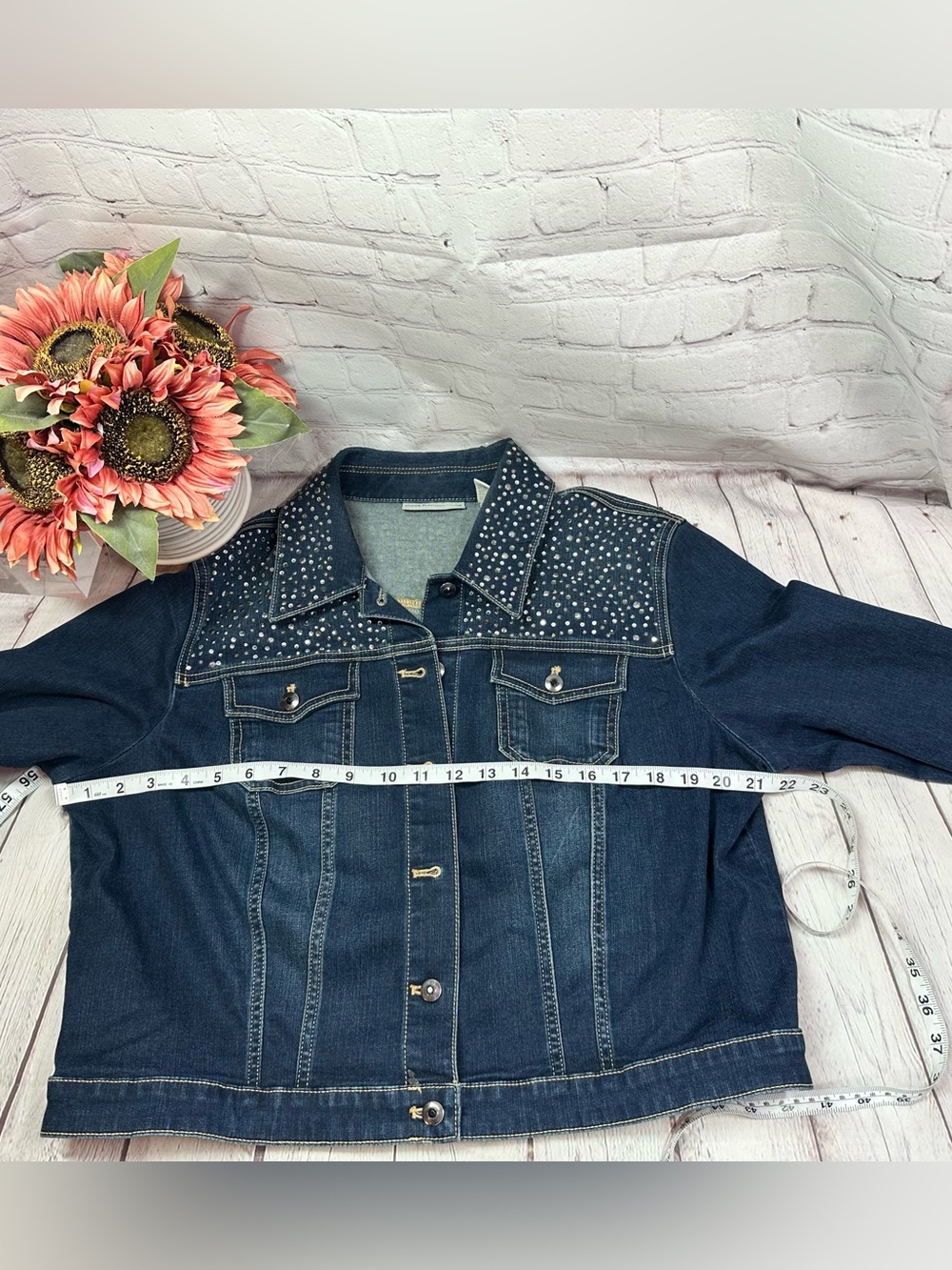 Chico's Dark Blue Denim Jacket with Studded Yoke - Picture 5 of 9